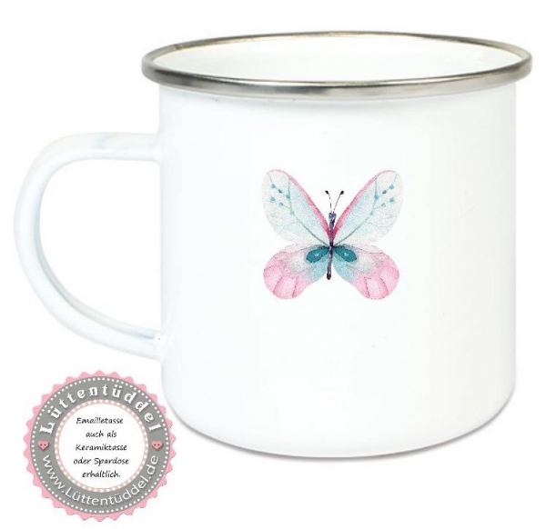 ♥ Tasse Emailletasse Becher, wer Schmetterlinge lachen hört... Dankeschön, Geburtstag, Muttertag, Vatertag, Abschied, Jubiläum, Geschenk, Becher von Lüttentüddel